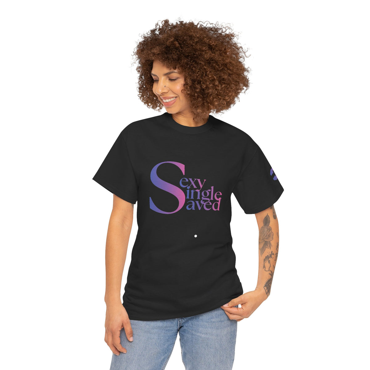 Sexy, Single, & Saved Period Logo Tee | Retro collegiate script, small chest print