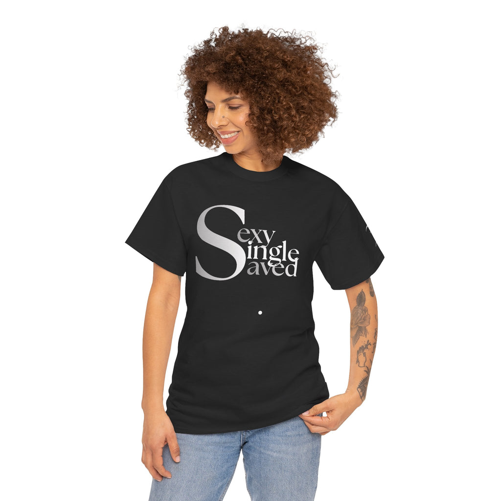 Sexy, Single, & Saved Period Grey/White Blend Tee | Retro collegiate script, small chest print