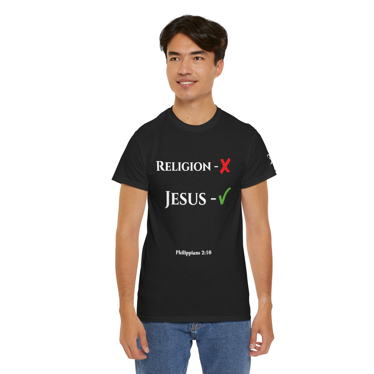 Religion ❌ Jesus ✅ Tee | Retro collegiate script, small chest print