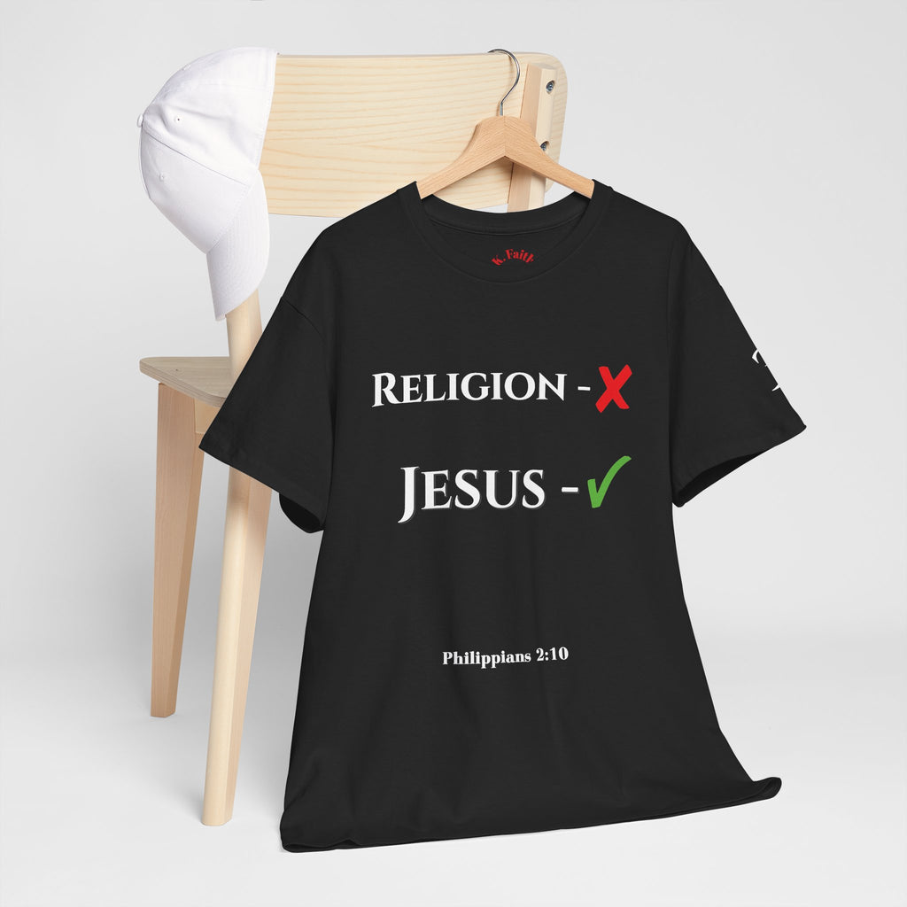 Religion ❌ Jesus ✅ Tee | Retro collegiate script, small chest print