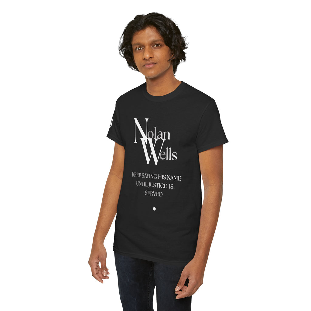 Nolan Wells Justice Tee | Retro collegiate script, small chest print