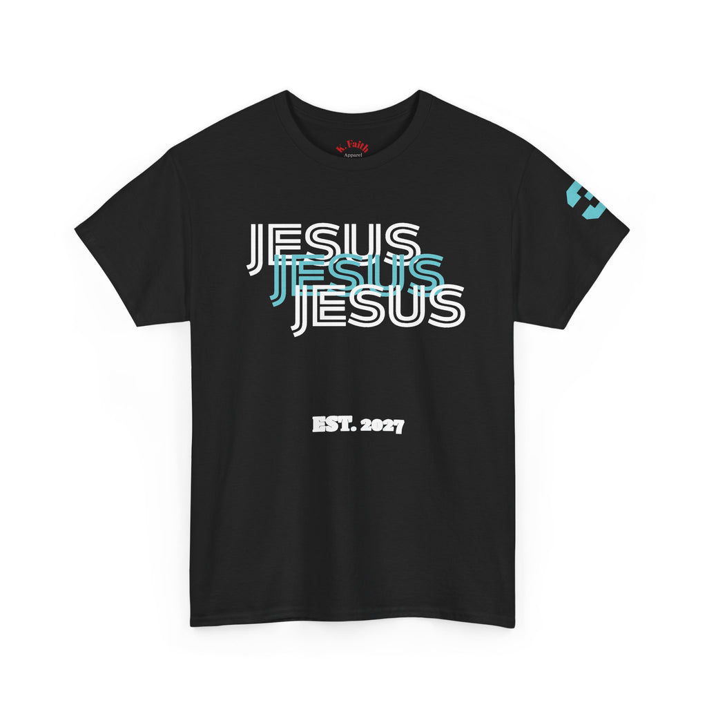 Jesus 3-N-1 Baby Blue Tee | Retro collegiate script, small chest print