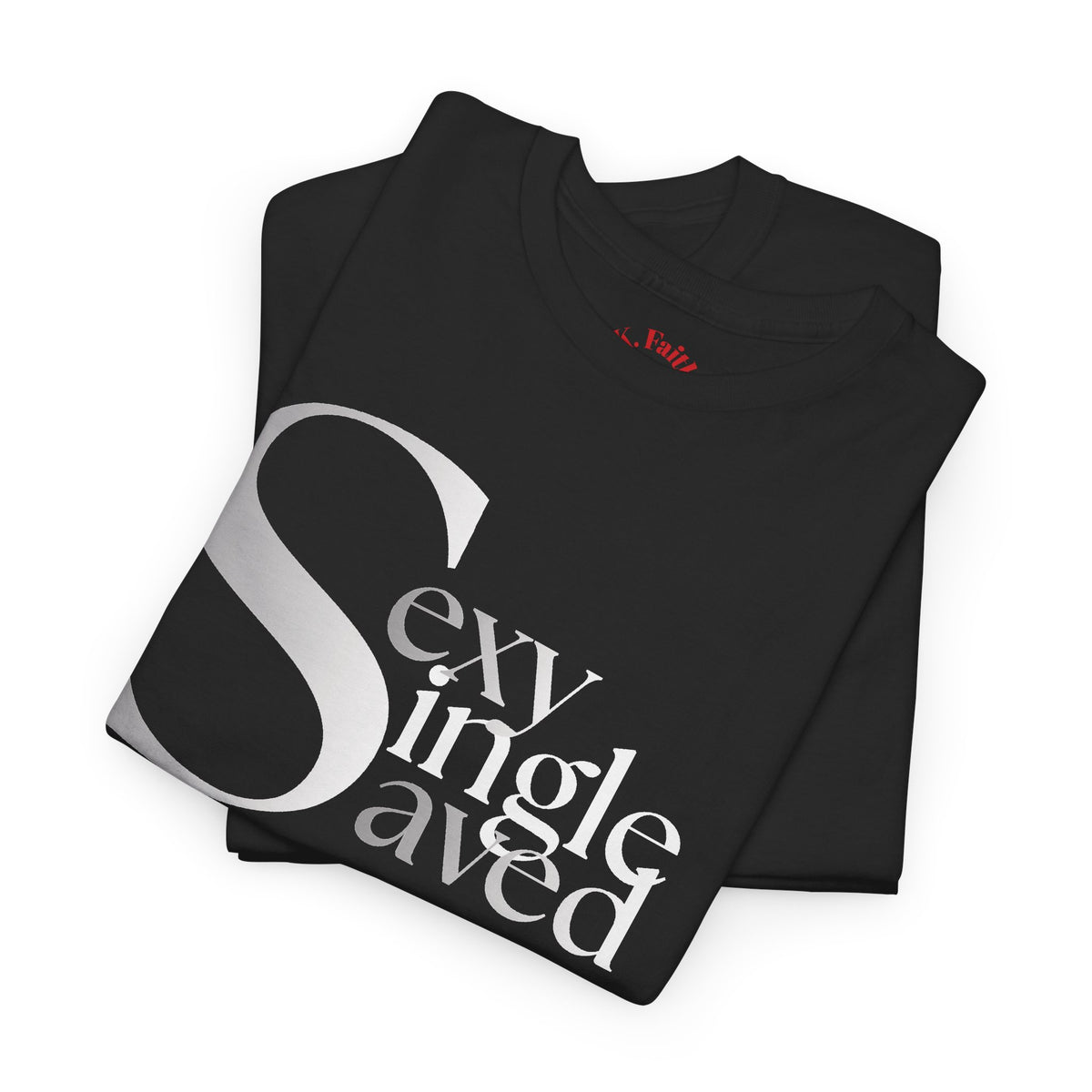 Sexy, Single, & Saved Period Grey/White Blend Tee | Retro collegiate script, small chest print