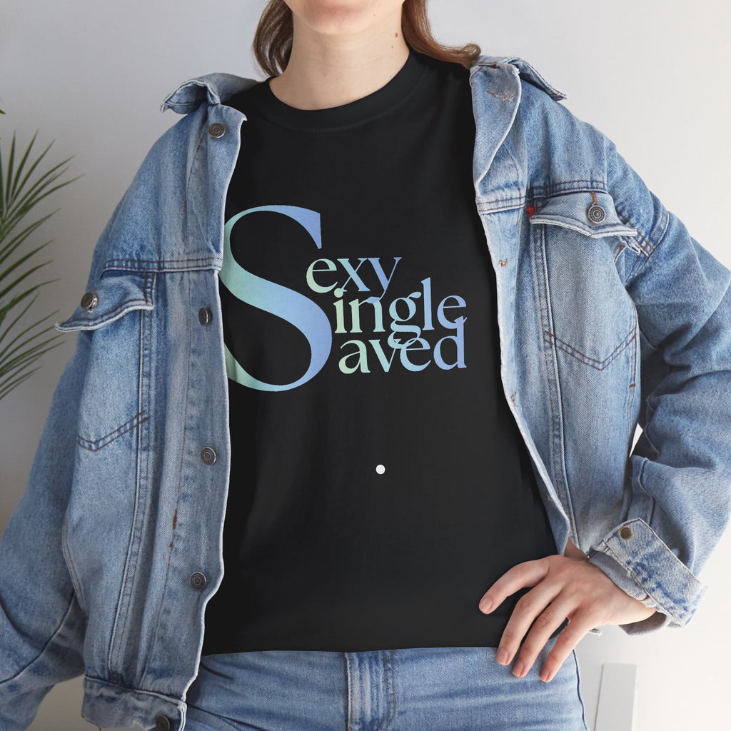 Copy of Sexy, & Saved period Teal Tropical Paradise Twist Logo Tee | Retro collegiate script, small chest print