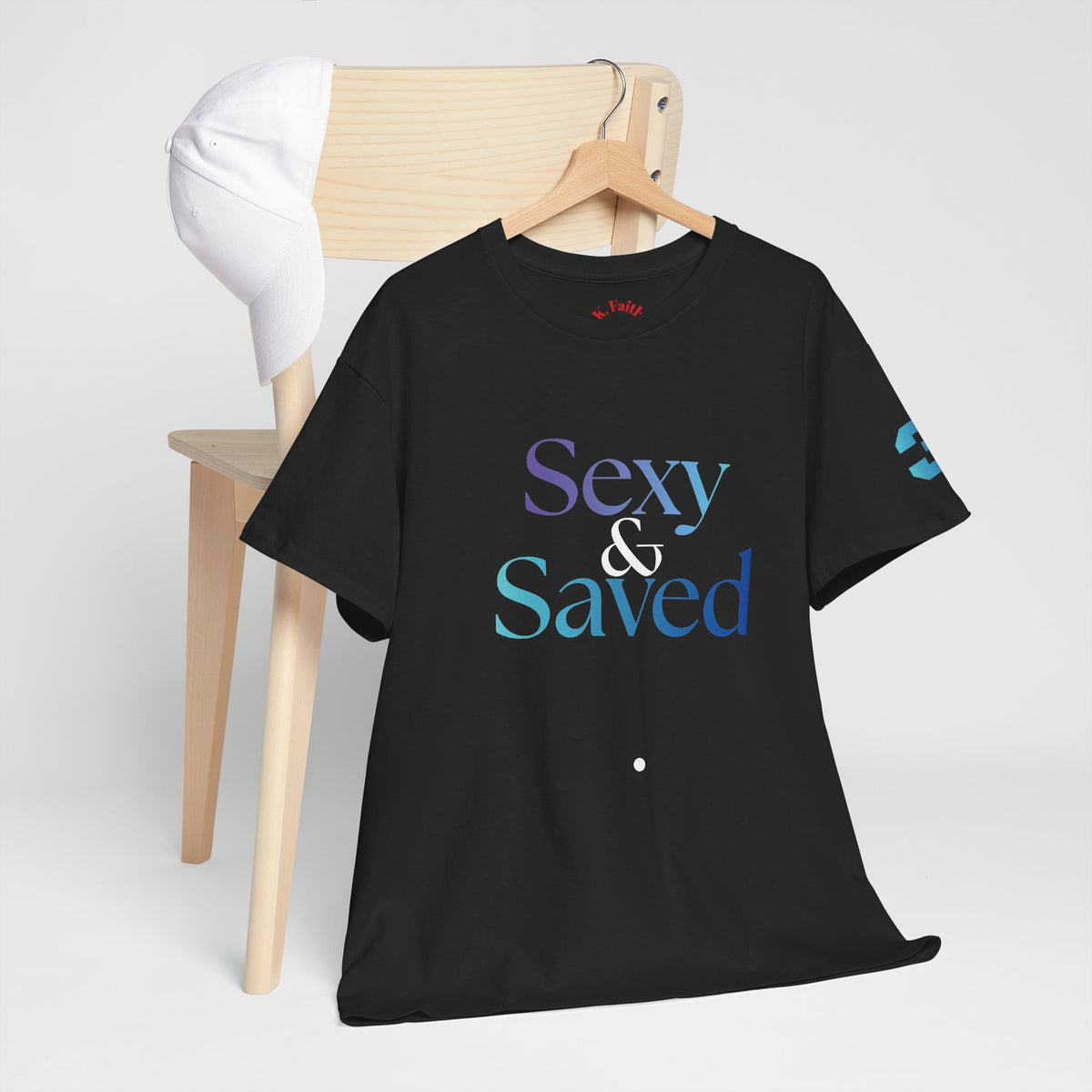 Sexy & Saved Period Logo Tee | Retro collegiate script, small chest print
