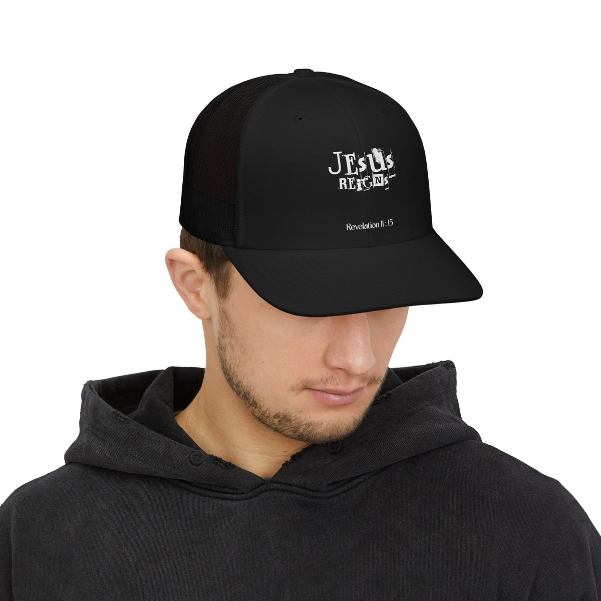 Jesus Reigns Revelation 11:15 Trucker Cap | Faith Graphic Snapback