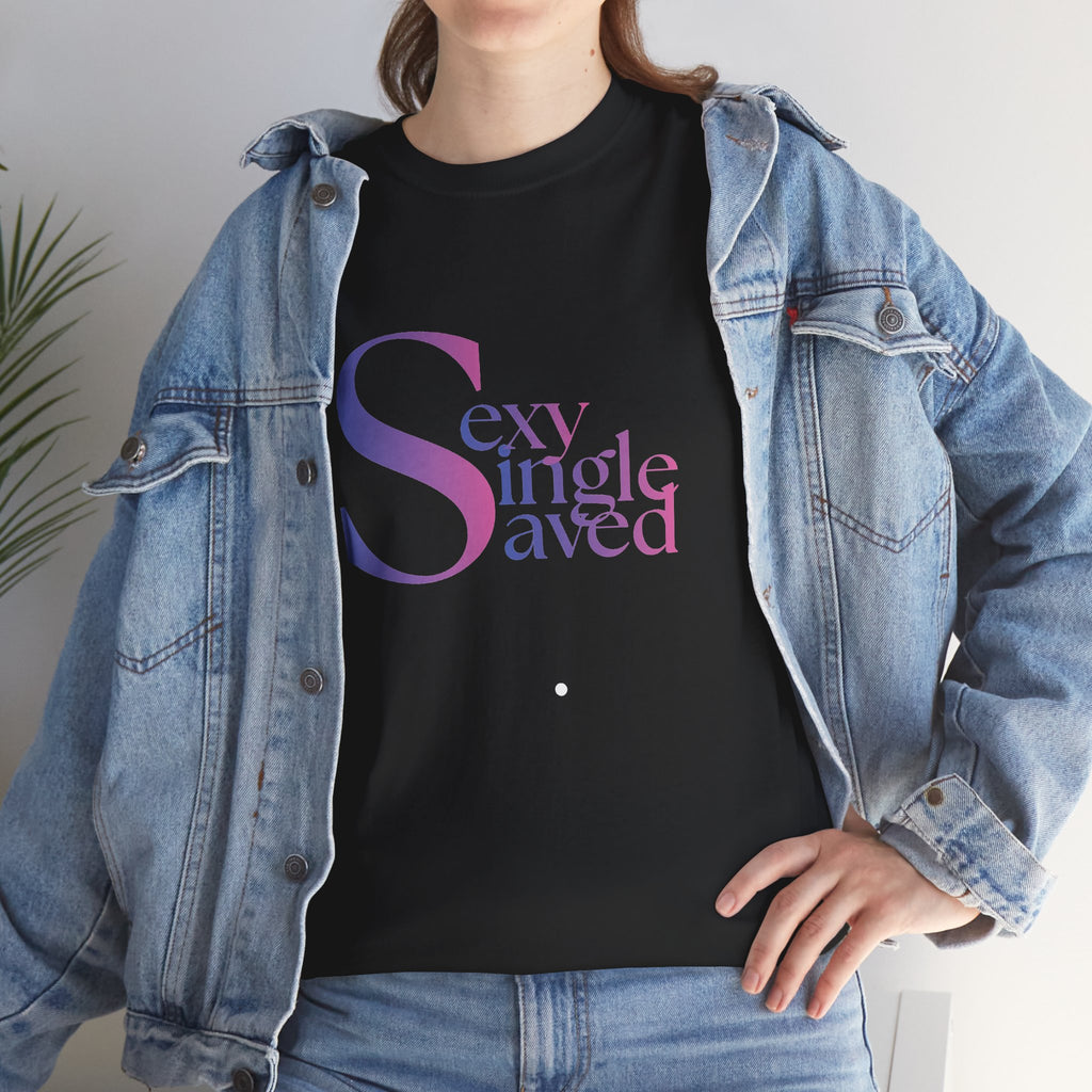 Sexy, Single, & Saved Period Logo Tee | Retro collegiate script, small chest print