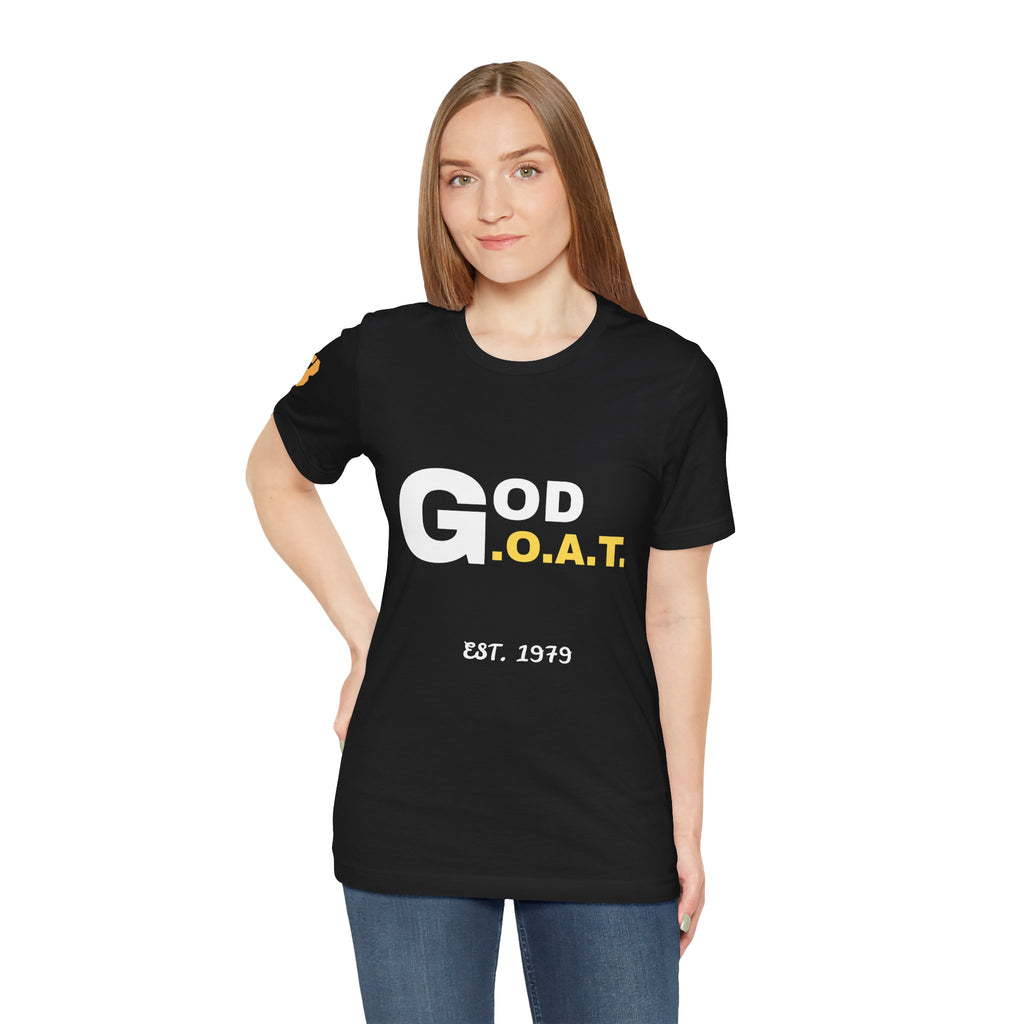 God is the G.O.A.T Gold  Horizontal T-Shirt - Christian Faith Graphic Tee