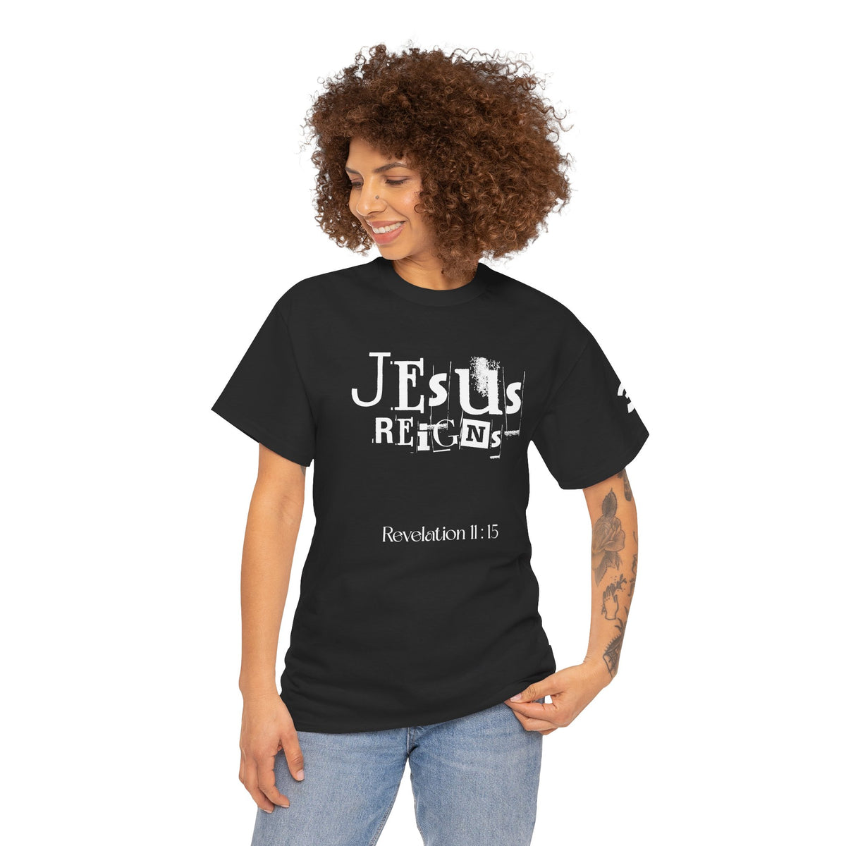 Jesus Reigns Revelation 11:15 Logo Tee | Retro collegiate script, small chest print
