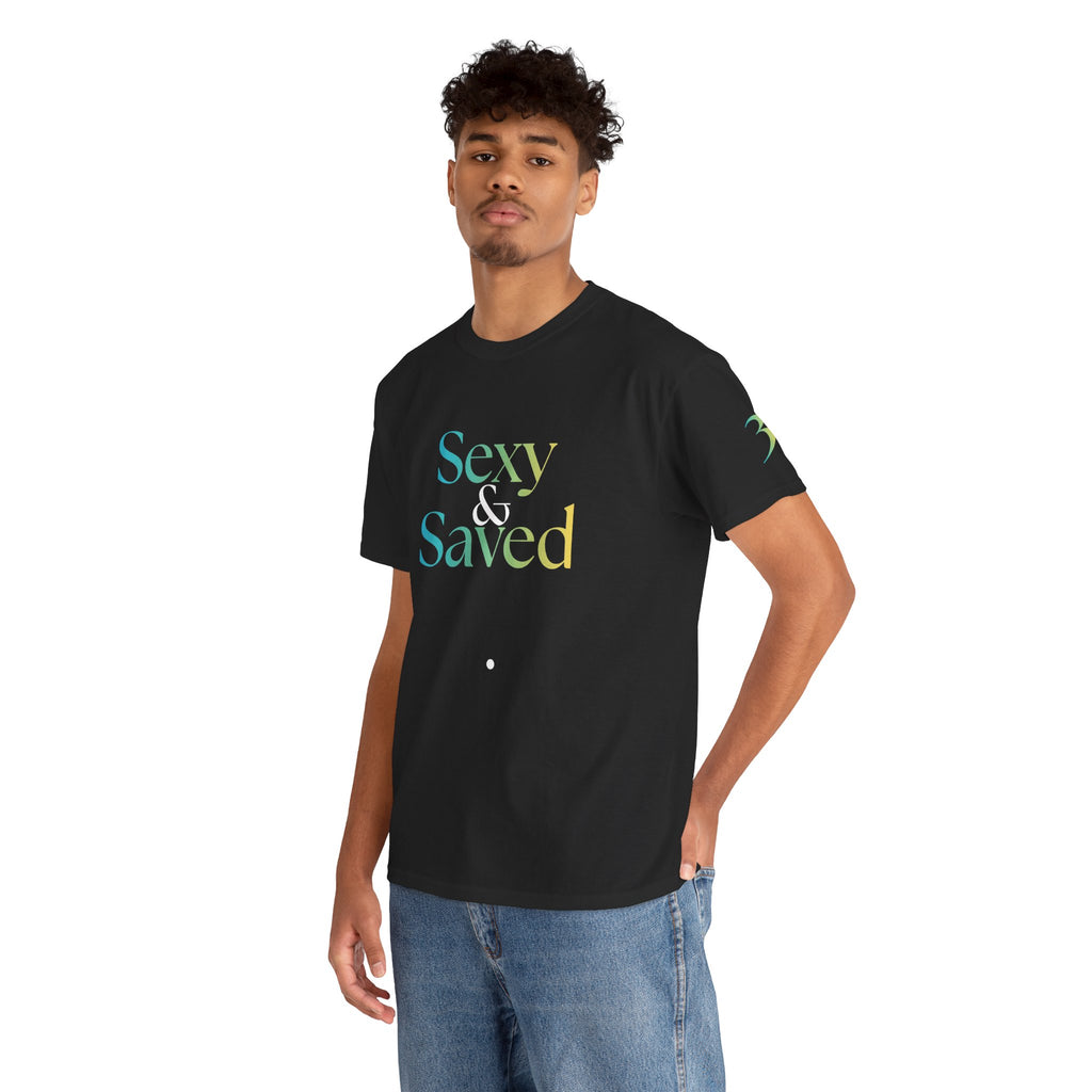 Sexy & Saved Period Caribbean Vibes & Ice Logo Tee | Retro collegiate script, small chest print