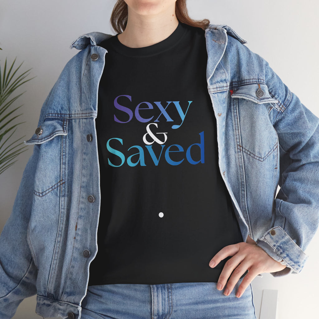 Sexy & Saved Period Logo Tee | Retro collegiate script, small chest print