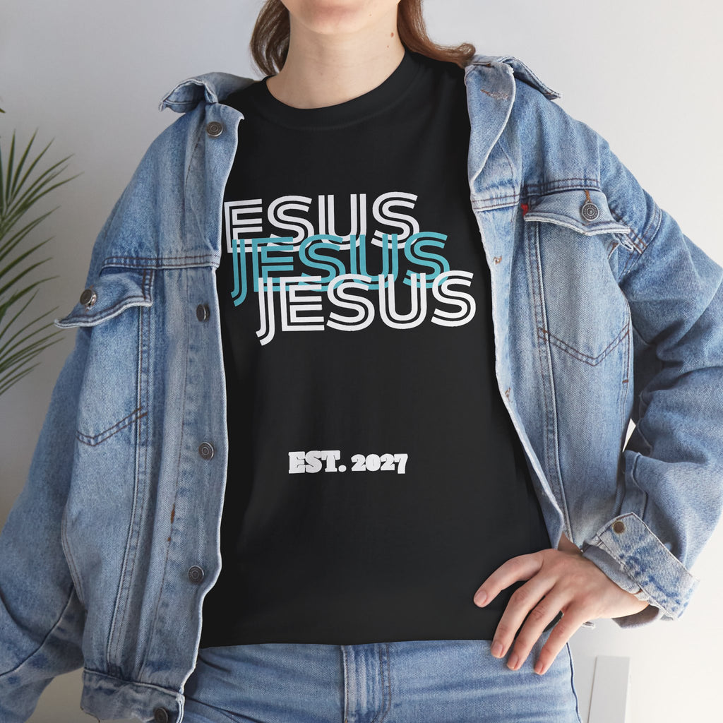 Jesus 3-N-1 Baby Blue Tee | Retro collegiate script, small chest print