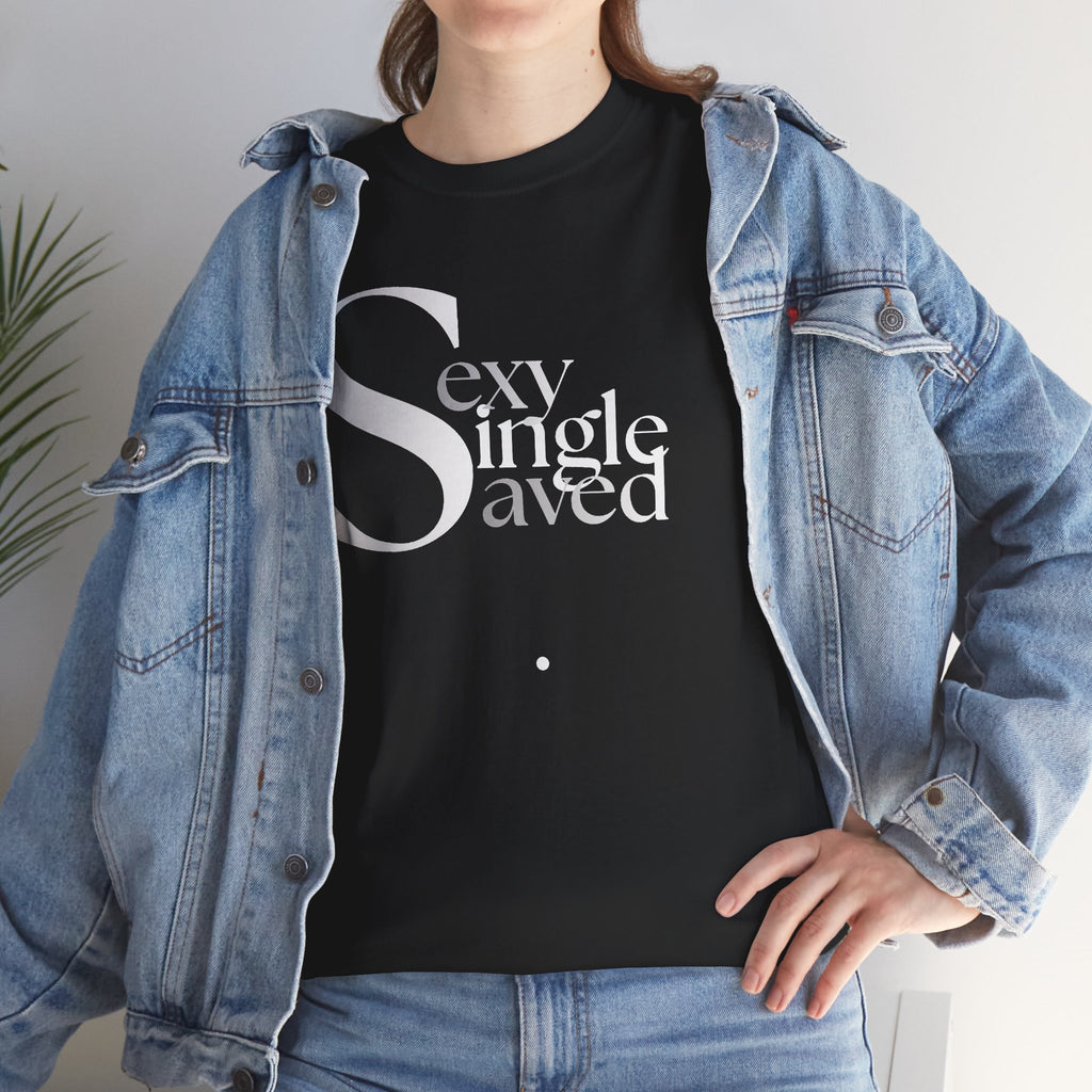 Sexy, Single, & Saved Period Grey/White Blend Tee | Retro collegiate script, small chest print