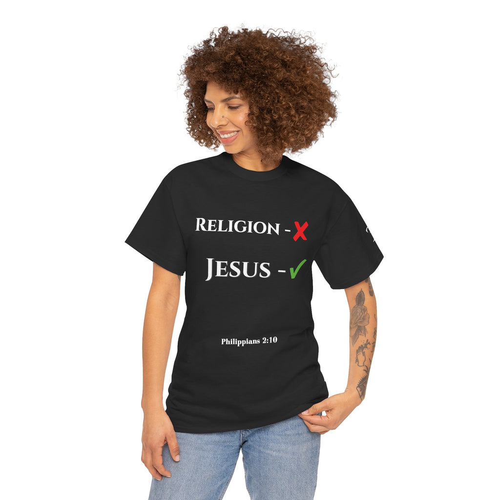 Religion ❌ Jesus ✅ Tee | Retro collegiate script, small chest print