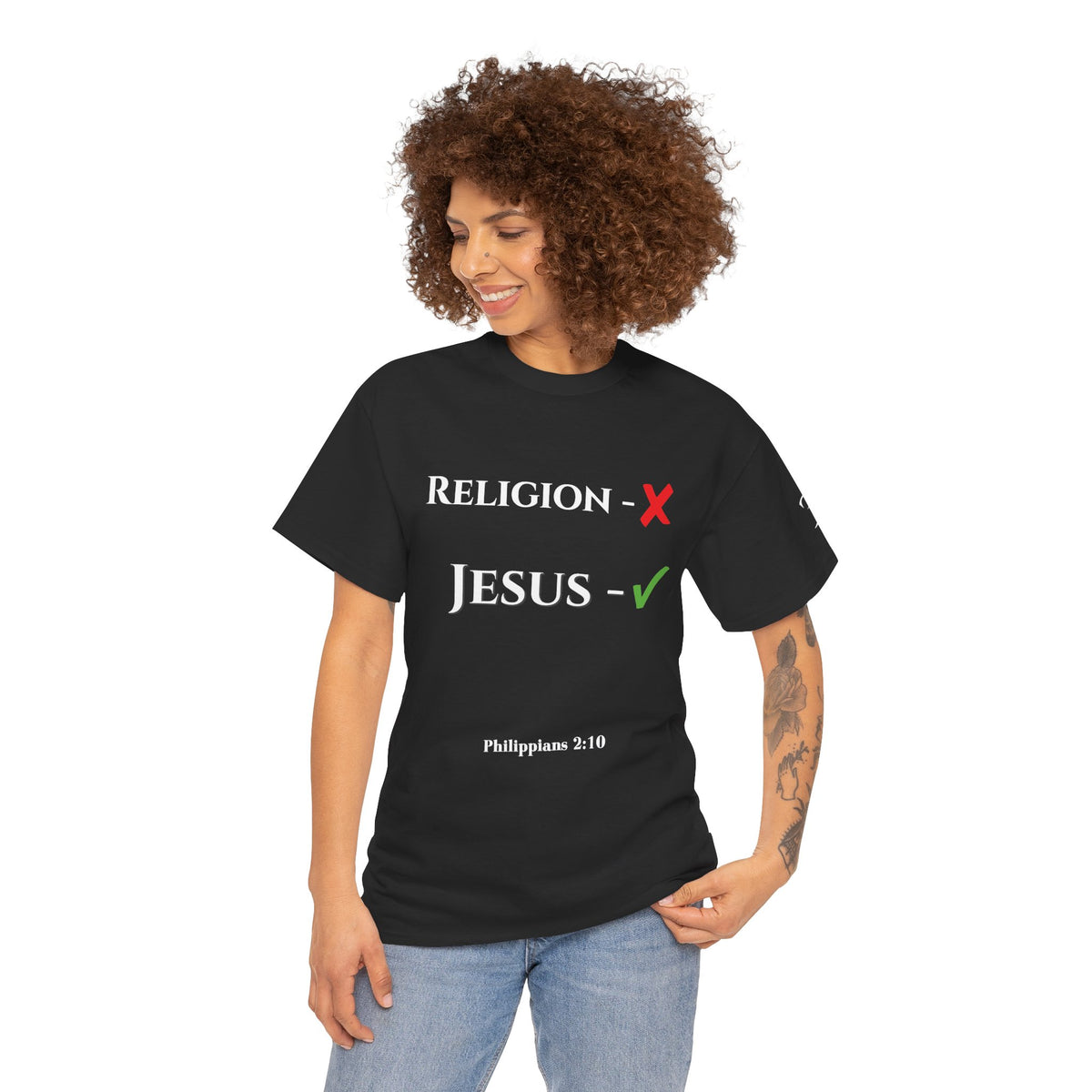 Religion ❌ Jesus ✅ Tee | Retro collegiate script, small chest print