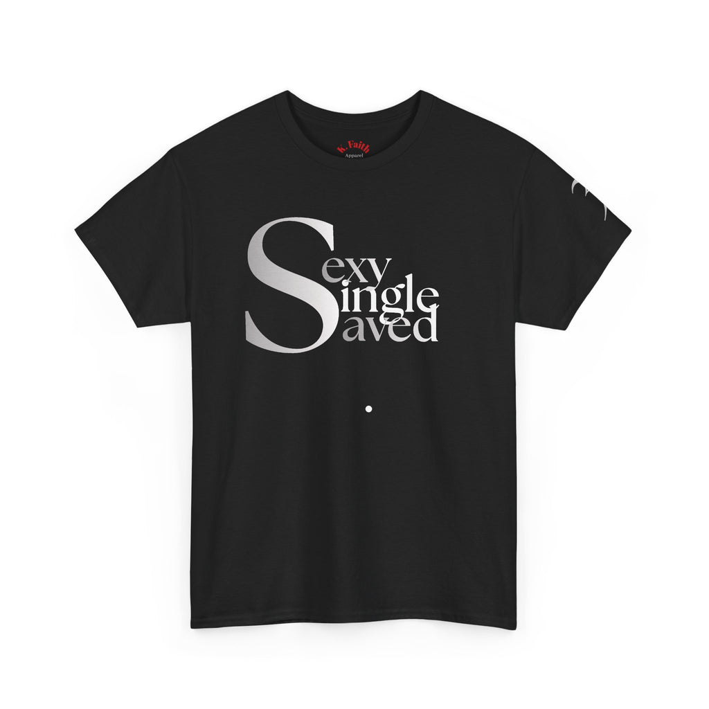 Sexy, Single, & Saved Period Grey/White Blend Tee | Retro collegiate script, small chest print