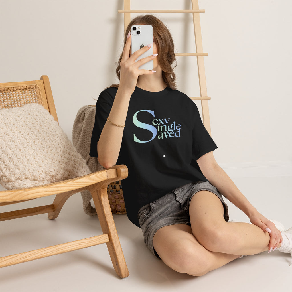 Copy of Sexy, & Saved period Teal Tropical Paradise Twist Logo Tee | Retro collegiate script, small chest print
