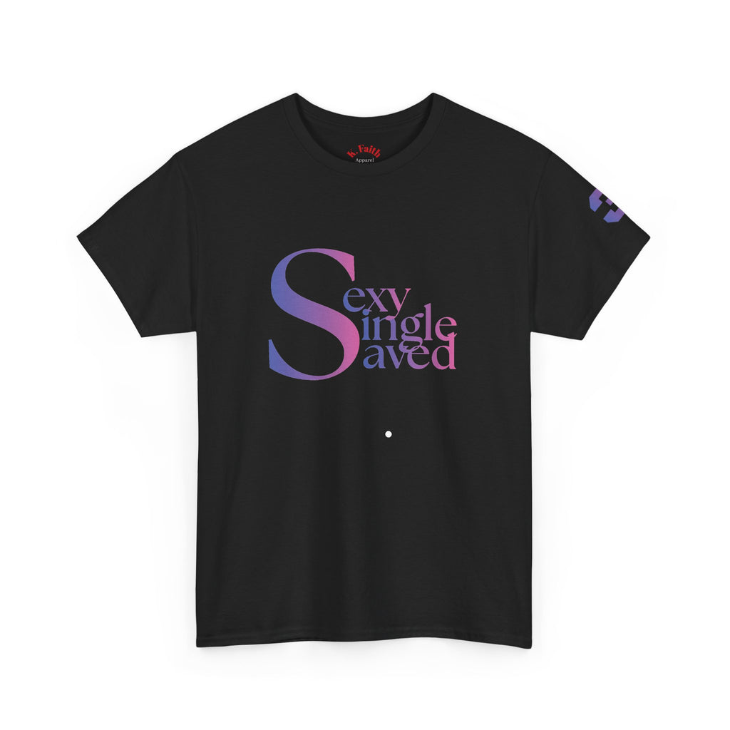 Sexy, Single, & Saved Period Logo Tee | Retro collegiate script, small chest print