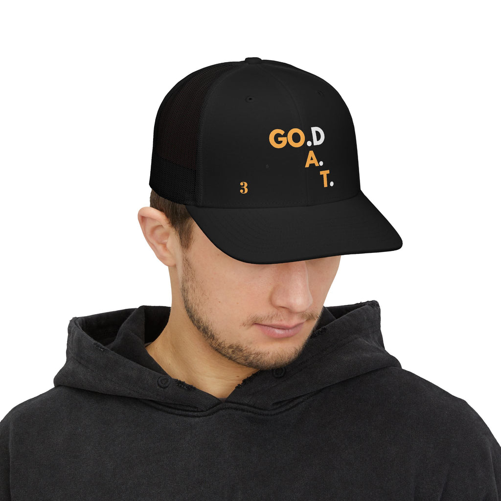 God is the G.O.A.T Gold Vertical Trucker Cap | Faith Graphic Snapback
