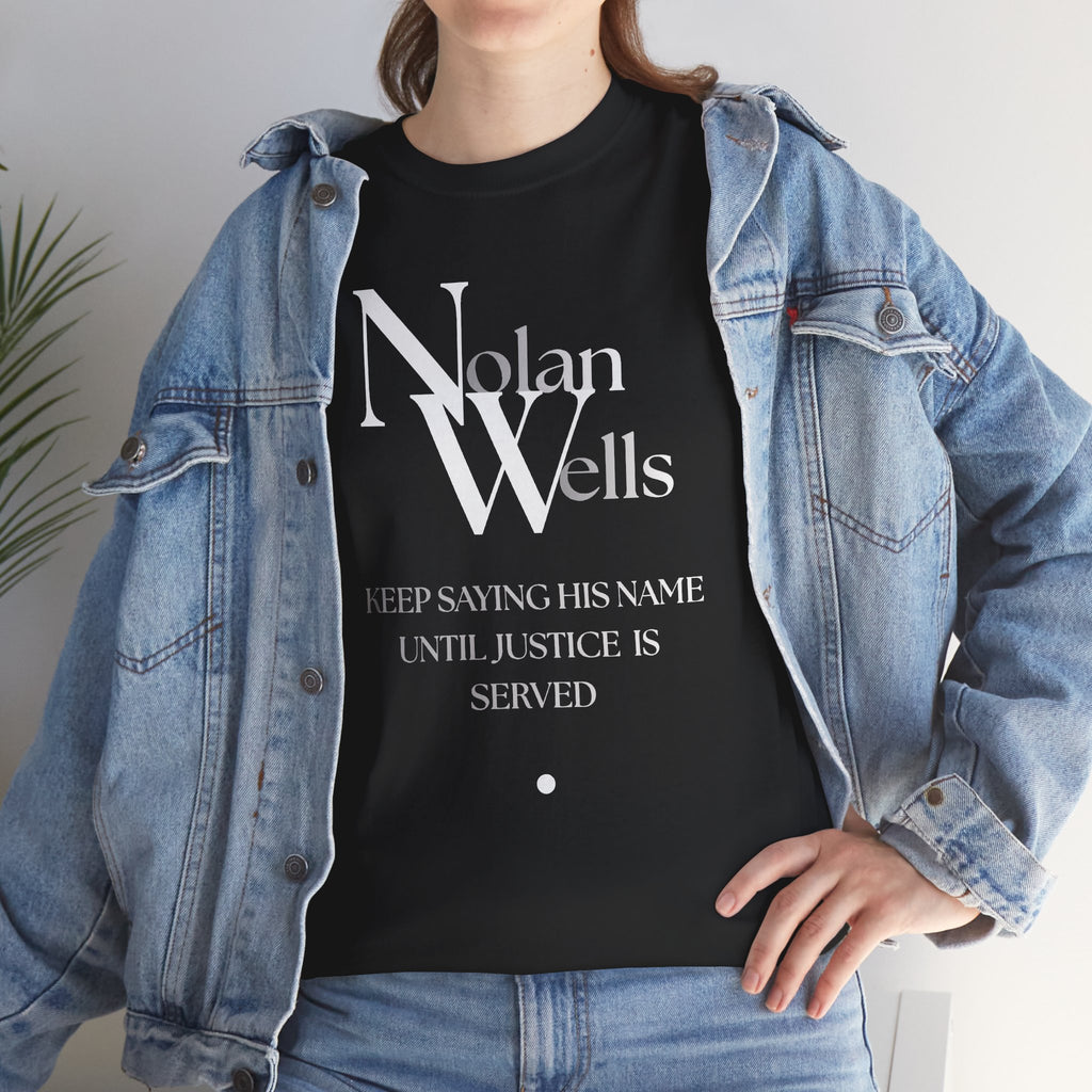 Nolan Wells Justice Tee | Retro collegiate script, small chest print