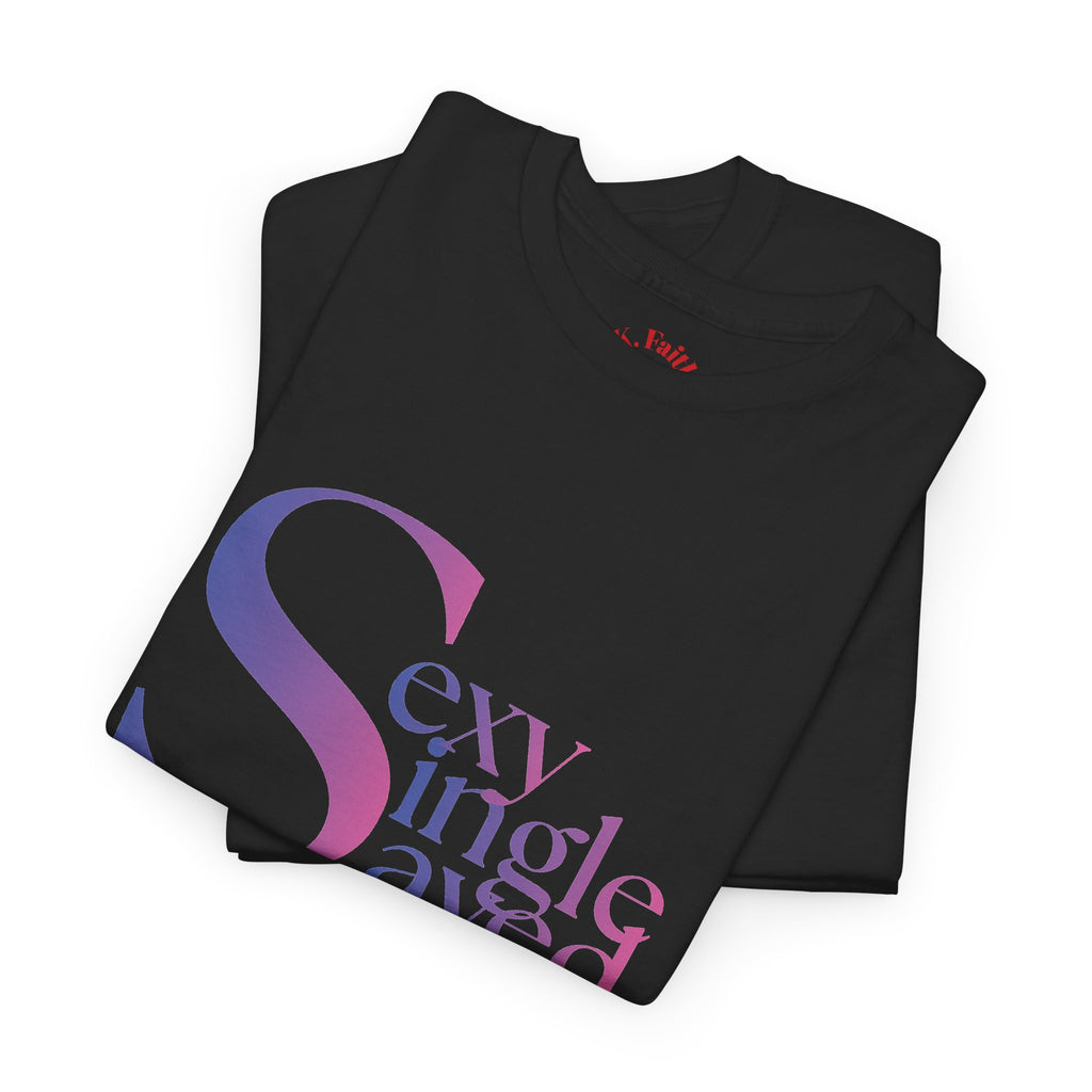 Sexy, Single, & Saved Period Logo Tee | Retro collegiate script, small chest print