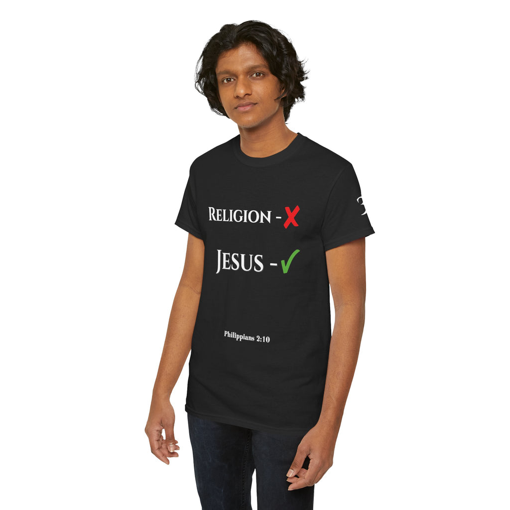 Religion ❌ Jesus ✅ Tee | Retro collegiate script, small chest print