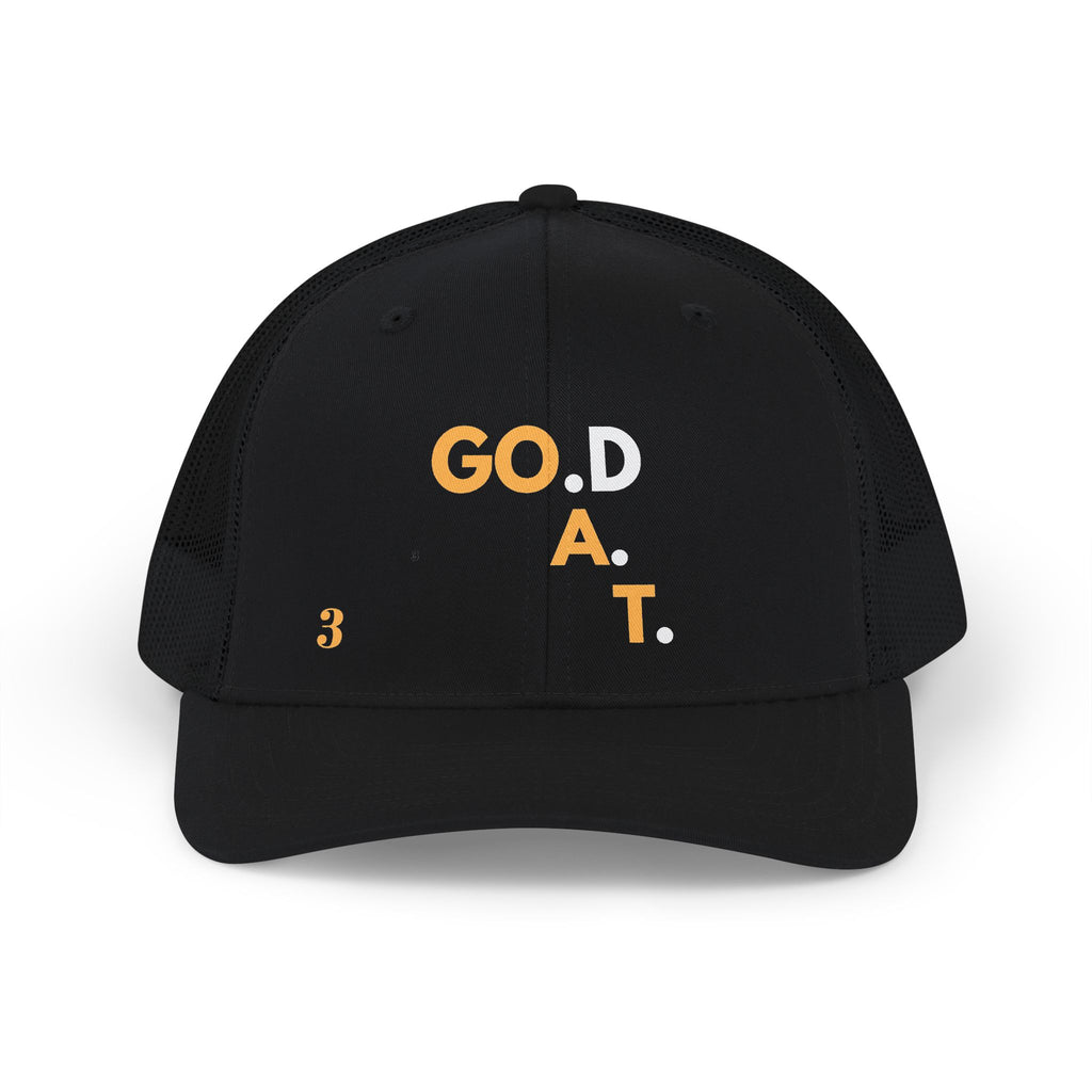 God is the G.O.A.T Gold Vertical Trucker Cap | Faith Graphic Snapback