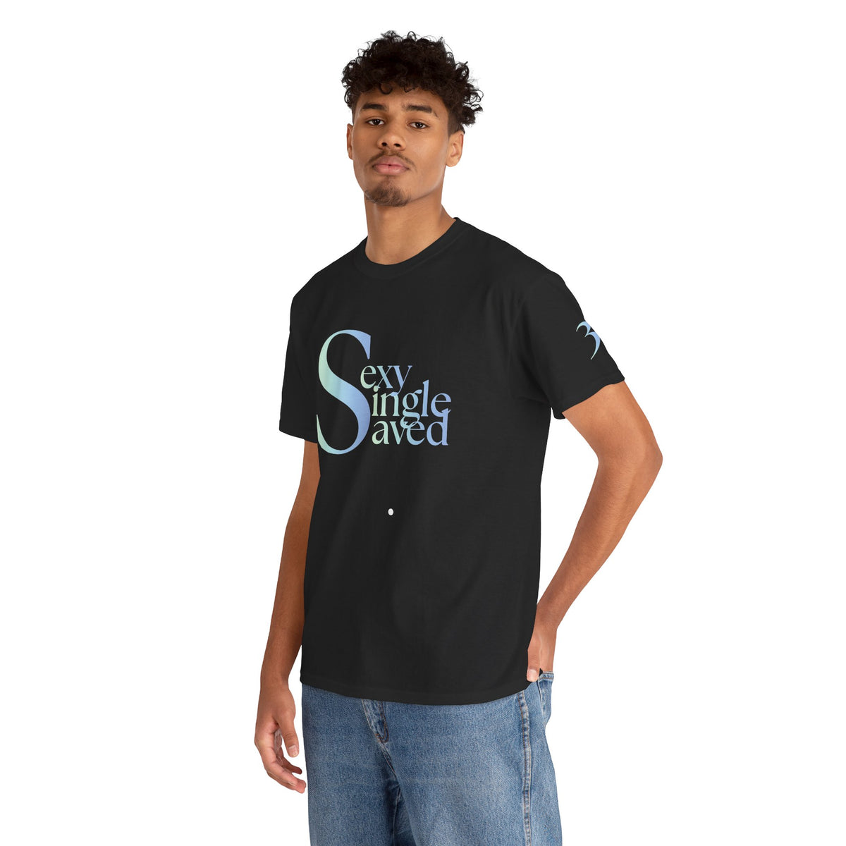 Copy of Sexy, & Saved period Teal Tropical Paradise Twist Logo Tee | Retro collegiate script, small chest print