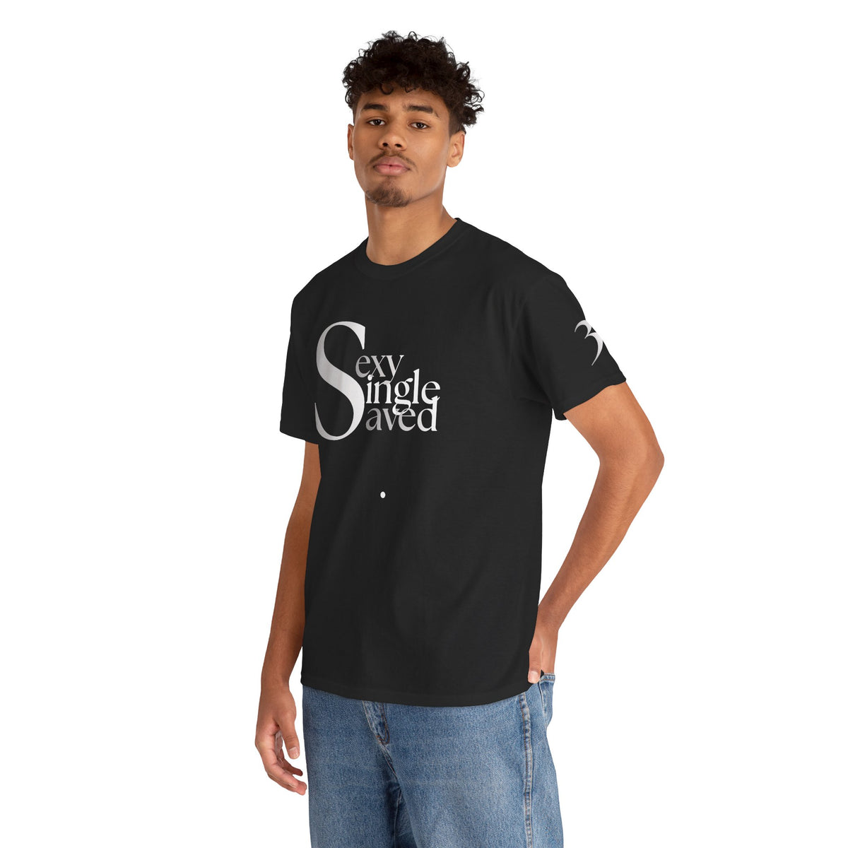 Sexy, Single, & Saved Period Grey/White Blend Tee | Retro collegiate script, small chest print