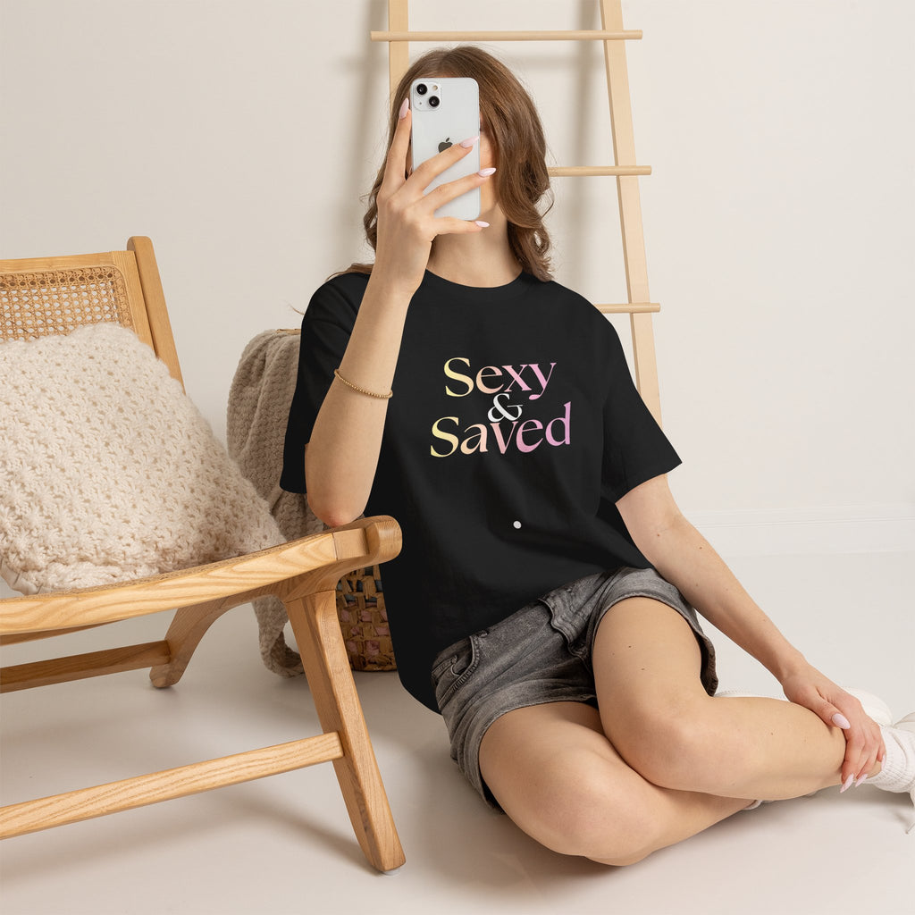 Sexy, & Saved period Teal Tropical Paradise Twist Logo Tee | Retro collegiate script, small chest print