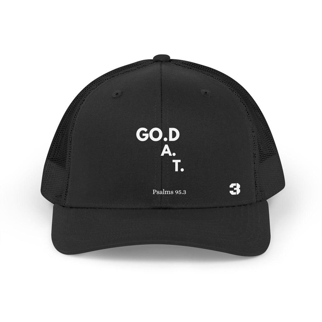 GO.D is the G.O.A.T pearl White Vertical Trucker Hat | Retro Script Faith Statement