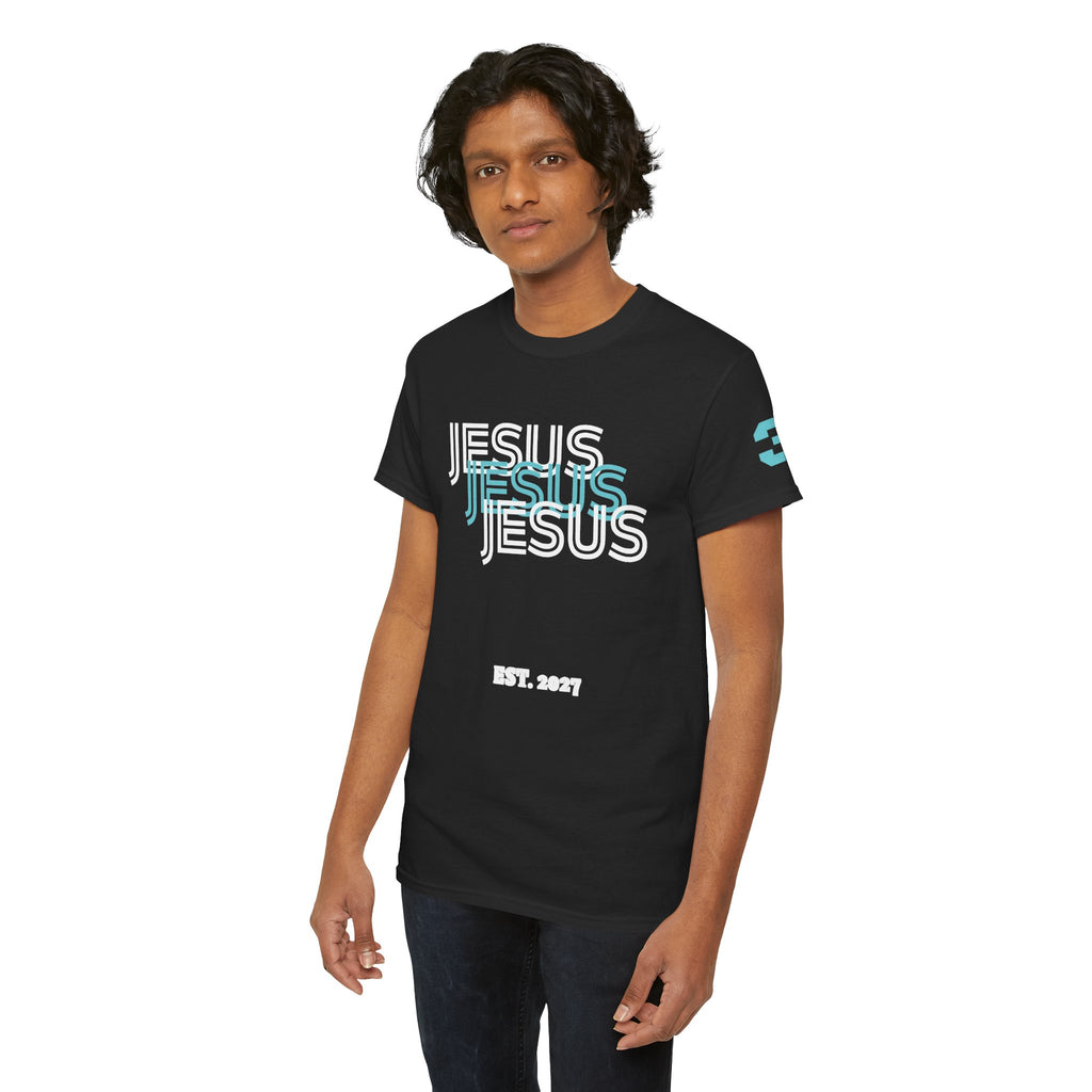 Jesus 3-N-1 Baby Blue Tee | Retro collegiate script, small chest print
