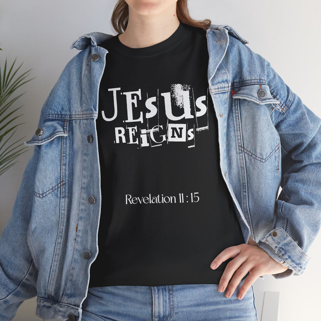 Jesus Reigns Revelation 11:15 Logo Tee | Retro collegiate script, small chest print