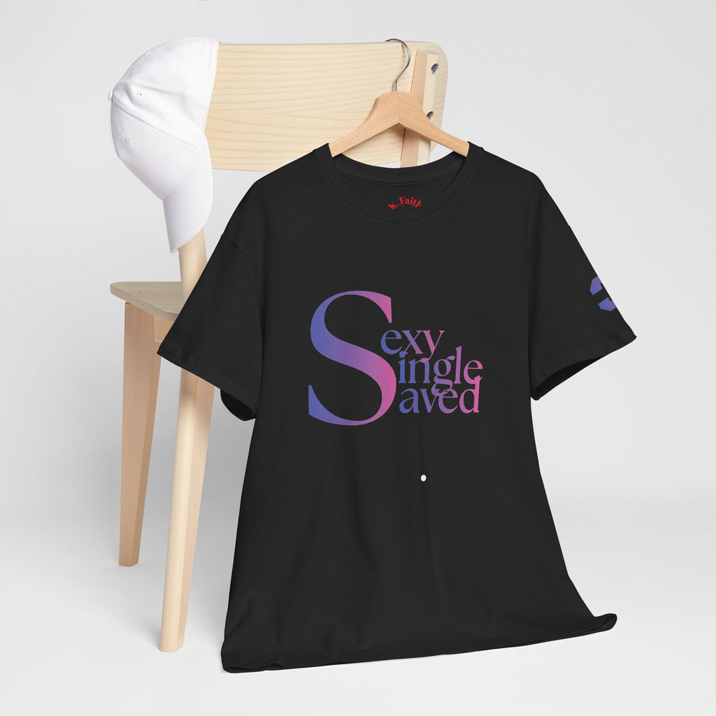 Sexy, Single, & Saved Period Logo Tee | Retro collegiate script, small chest print