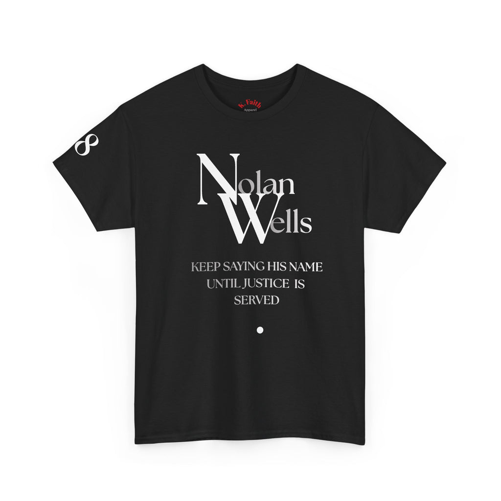 Nolan Wells Justice Tee | Retro collegiate script, small chest print