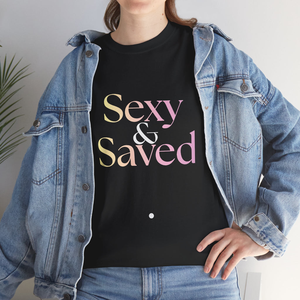 Sexy, & Saved period Teal Tropical Paradise Twist Logo Tee | Retro collegiate script, small chest print