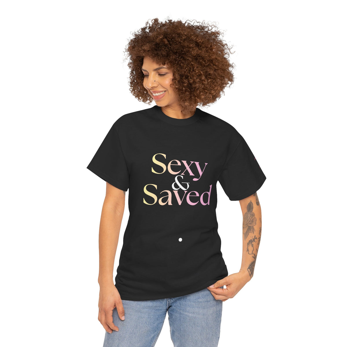 Sexy, & Saved period Teal Tropical Paradise Twist Logo Tee | Retro collegiate script, small chest print