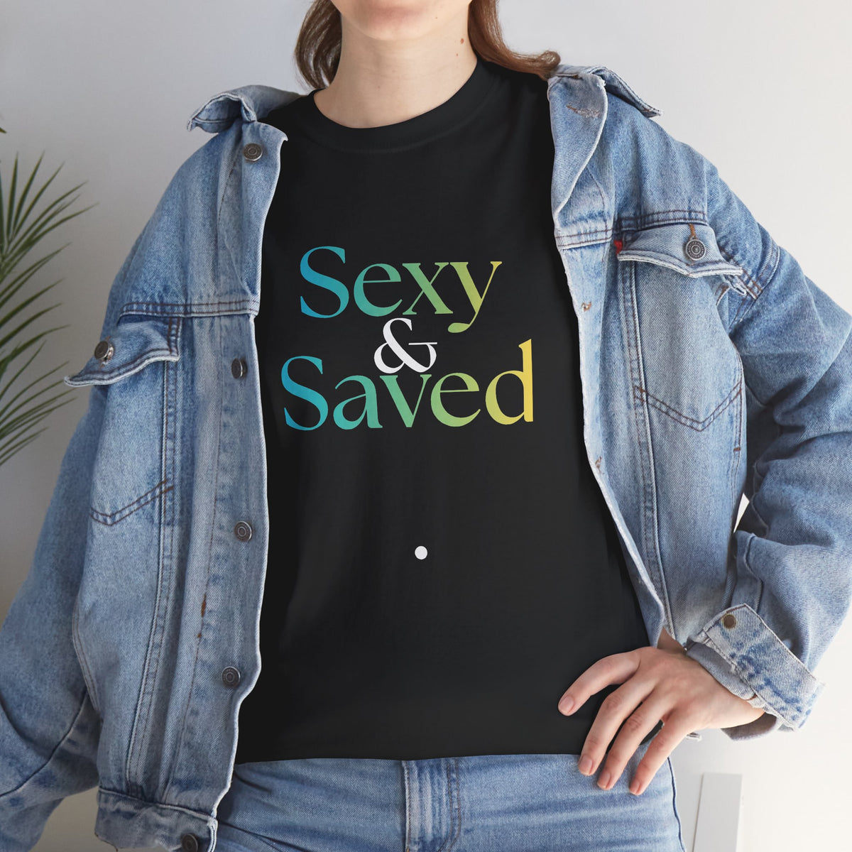 Sexy & Saved Period Caribbean Vibes & Ice Logo Tee | Retro collegiate script, small chest print