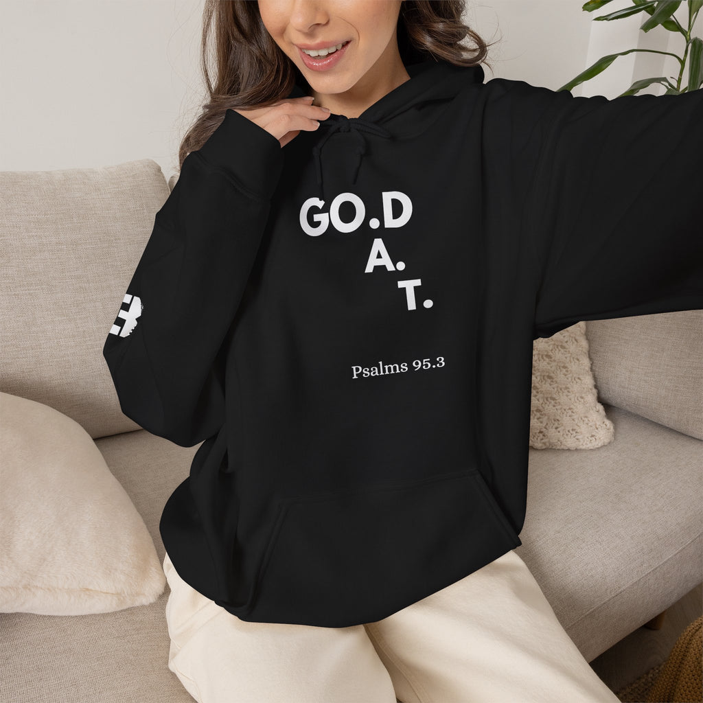 GOD is G.O.A.T. Snow White Vertical Psalms 95:3 Christian Unisex Hoodie