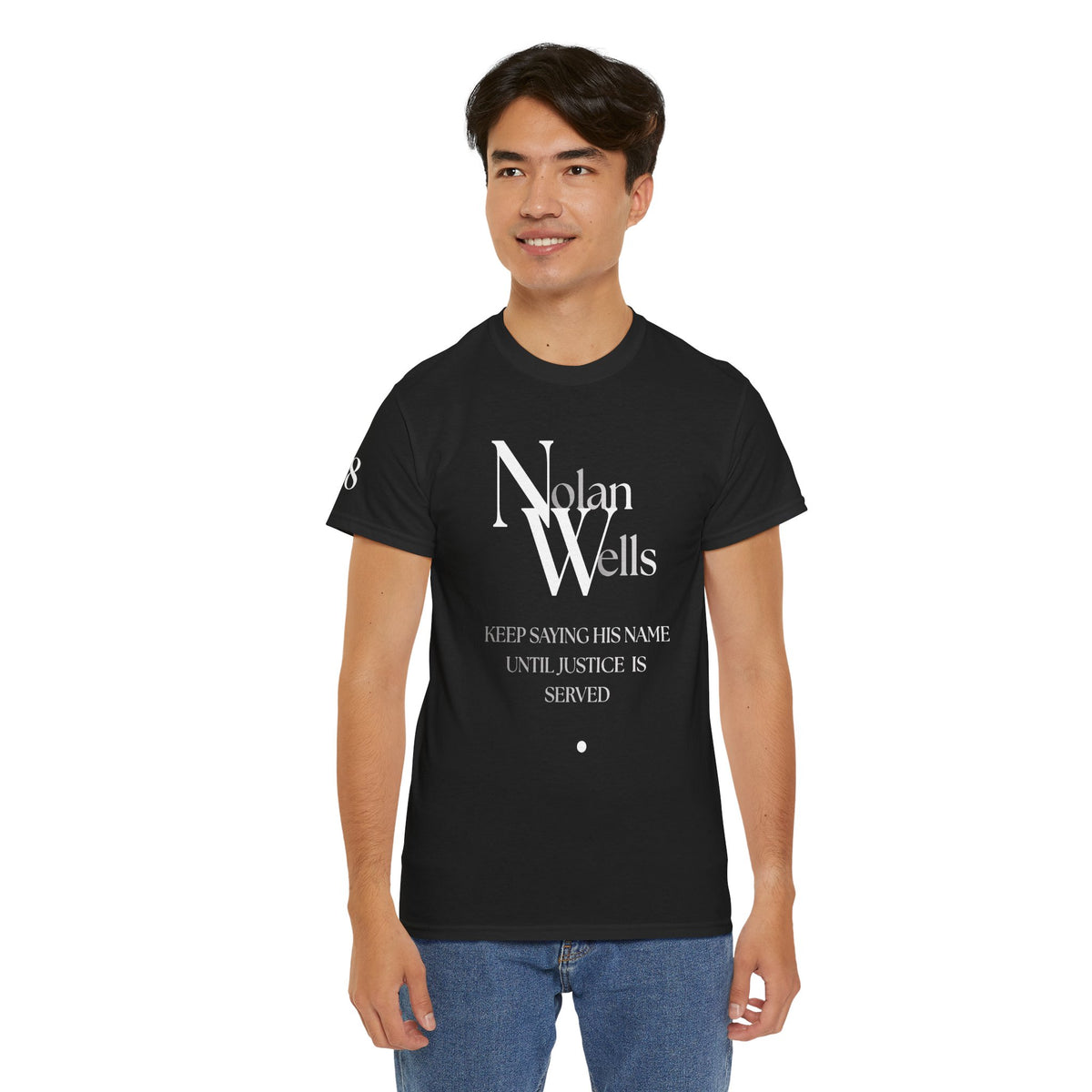 Nolan Wells Justice Tee | Retro collegiate script, small chest print