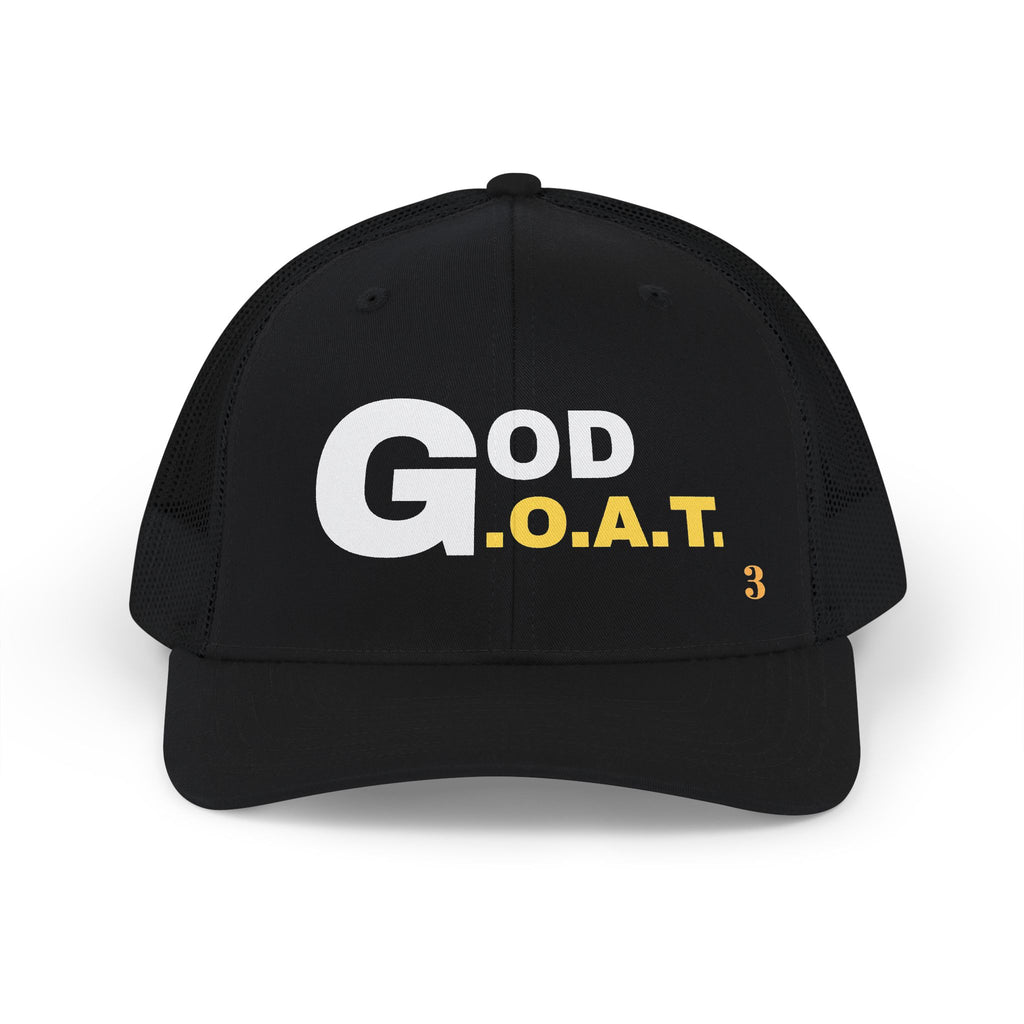 God is the G.O.A.T Gold Horizontal Stack Trucker Cap | Faith Graphic Snapback