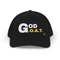 God is the G.O.A.T Gold Horizontal Stack Trucker Cap | Faith Graphic Snapback