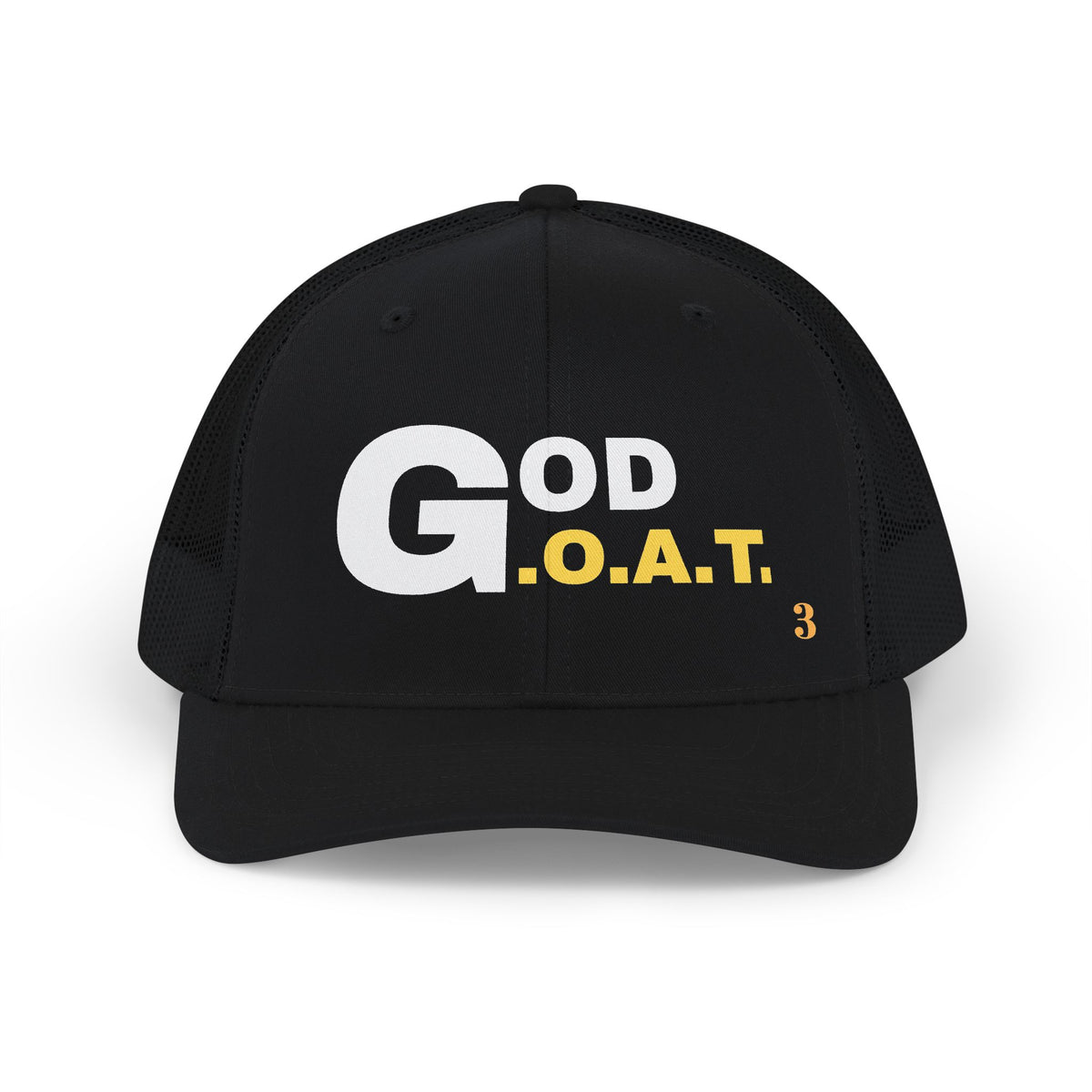 God is the G.O.A.T Gold Horizontal Stack Trucker Cap | Faith Graphic Snapback