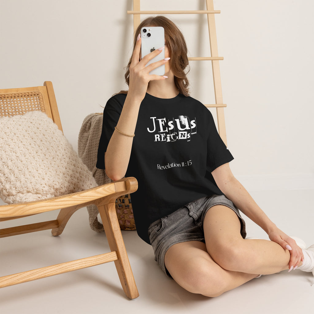 Jesus Reigns Revelation 11:15 Logo Tee | Retro collegiate script, small chest print