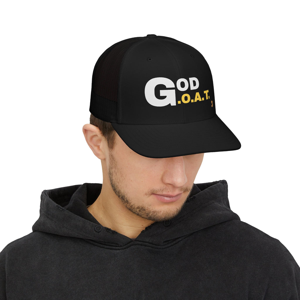 God is the G.O.A.T Gold Horizontal Stack Trucker Cap | Faith Graphic Snapback