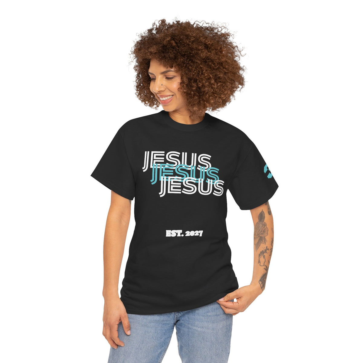 Jesus 3-N-1 Baby Blue Tee | Retro collegiate script, small chest print